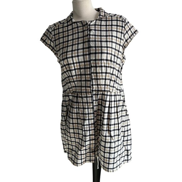 Pendleton Plaid Mini Dress Sz 12 (M/L) Womens Navy Blue Tan Short Sleeve Button - Picture 8 of 16